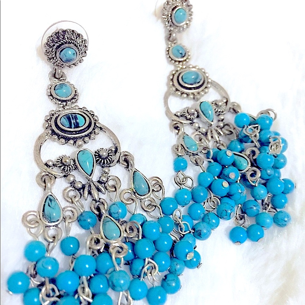 RARE» BÖHEMIAN Southwestern Crystal Quartz Chandelier Turquoise Dangle Earrings